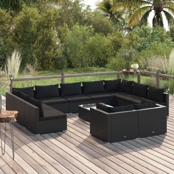 vidaXL Set mobilier de grădină cu perne, 12 piese, negru, poliratan