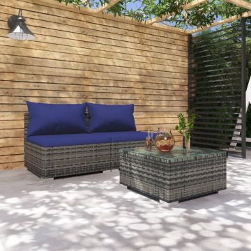 vidaXL Set mobilier de grădină cu perne, 3 piese,gri, poliratan