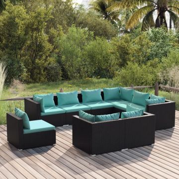 vidaXL Set mobilier de grădină cu perne, 9 piese, negru, poliratan