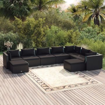 vidaXL Set mobilier de grădină cu perne, 9 piese, negru, poliratan