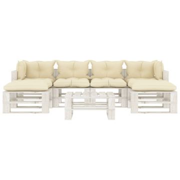 vidaXL Set mobilier de grădină din paleți cu perne crem, 7 piese, lemn