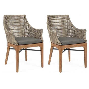 Set 2 scaune de terasa din metal si lemn de tec, Keilani Gri / Natural, l60xA58,5xH85 cm