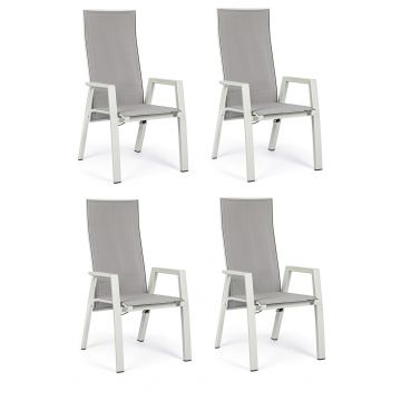 Set 4 scaune de gradina / terasa din metal si material textil, cu spatar reglabil, Steven Gri / Alb, l59,5xA72xH112 cm