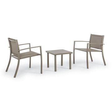 Set masa de cafea + 2 scaune pentru gradina / terasa, din sticla, material textil si metal, Auri Grej, L45xl45xH38 cm