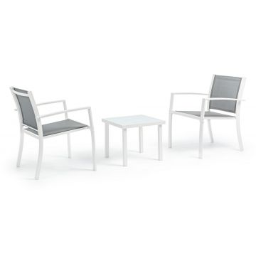Set masa de cafea + 2 scaune pentru gradina / terasa, din sticla, material textil si metal, Auri Gri / Alb, L45xl45xH38 cm
