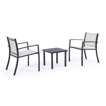 Set masa de cafea + 2 scaune pentru gradina / terasa, din sticla, material textil si metal, Auri Gri Deschis / Antracit, L45xl45xH38 cm