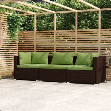 vidaXL Canapea de grădină cu 3 locuri, cu perne, maro, poliratan