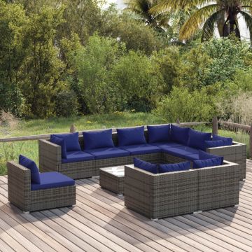 vidaXL Set mobilier de grădină cu perne, 10 piese, gri, poliratan