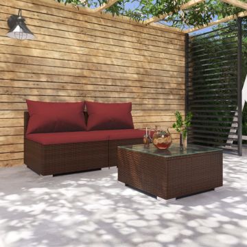 vidaXL Set mobilier de grădină cu perne, 3 piese, maro, poliratan