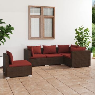 vidaXL Set mobilier de grădină cu perne, 5 piese, maro, poliratan
