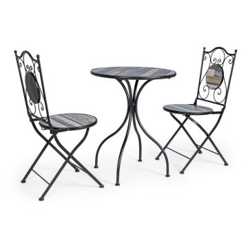Set masa + 2 scaune pliabile pentru gradina / terasa, din ceramica si metal, Huston Multicolor / Negru, Ø60xH75 cm