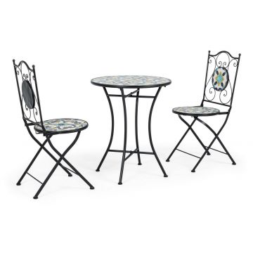 Set masa + 2 scaune pliabile pentru gradina / terasa, din ceramica si metal, Positano Multicolor / Negru, Ø60xH75 cm
