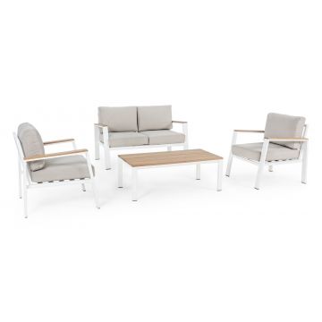 Set mobilier pentru gradina / terasa, Belmar Natural / Alb, 2 fotolii + canapea 2 locuri + masa de cafea