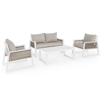 Set mobilier pentru gradina / terasa, Captiva Gri / Alb, 2 fotolii + canapea 2 locuri + masa de cafea