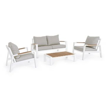 Set mobilier pentru gradina / terasa, Einar Natural / Alb, 2 fotolii + canapea 2 locuri + masa de cafea