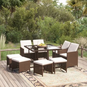 vidaXL Set mobilier de grădină cu perne, 9 piese, maro, poliratan