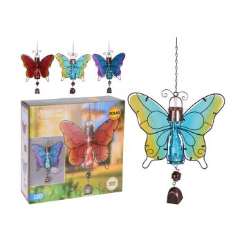 Decoratiune de gradina Butterfly cu lampa solara LED si clopotel, Albastru/Mov