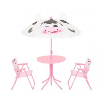 Set mobilier gradina copii, Cow, 2 scaune, masuta si umbrela, roz Set mobilier gradina copii, Cow, 2 scaune, masuta si umbrela, roz