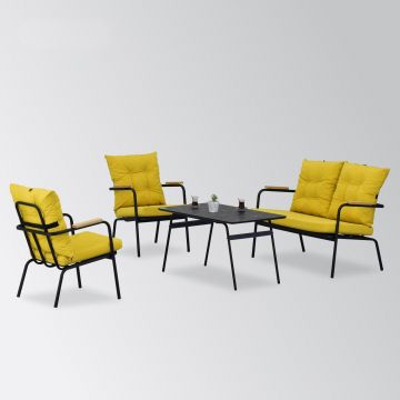 Set mobilier gradina / terasa Beymen Galben / Negru, 2 fotolii + canapea 2 locuri + masa de cafea