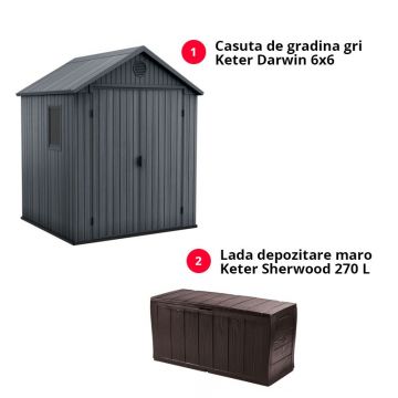 Pachet Keter Casuta De Gradina Gri Darwin 6x6 + Cutie Depozitare Sherwood 270 L