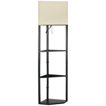 Lampa de podea de colt cu 3 rafturi si abajur din material textil, din lemn pentru living si dormitor, 50x37x159cm, negru alb HOMCOM | Aosom RO