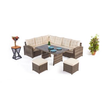 Set mobilier gradina / terasa Lagata Crem / Maro, coltar + 2 taburete + masa