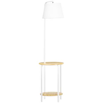 HOMCOM Lampa moderna de podea cu rafturi, cu masuta dubla din bambus, abajur din material textil, tonuri naturale | AOSOM RO