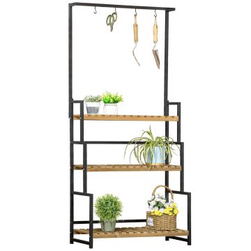 Outsunny Suport de flori cu 3 niveluri cu carlige din lemn de brad si metal pentru interior si exterior, 80x36x174 cm | AOSOM RO