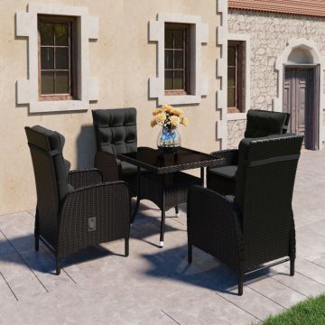 vidaXL Set mobilier grădină, 5 piese, negru, poliratan și sticlă