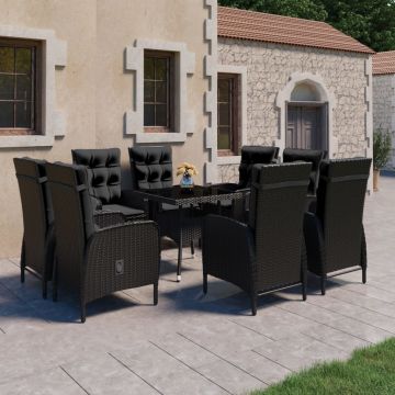 vidaXL Set mobilier grădină, 9 piese, negru, poliratan, lemn acacia