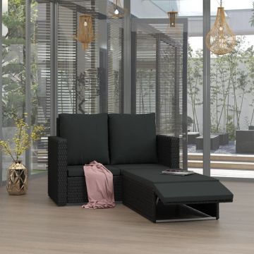 vidaXL Set mobilier de grădină cu perne, 2 piese, negru, poliratan