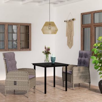 vidaXL Set mobilier de grădină, cu perne, 3 piese, gri și negru