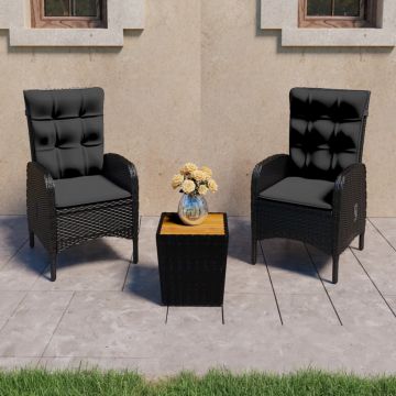 vidaXL Set mobilier grădină, 3 piese, negru, poliratan și lemn acacia