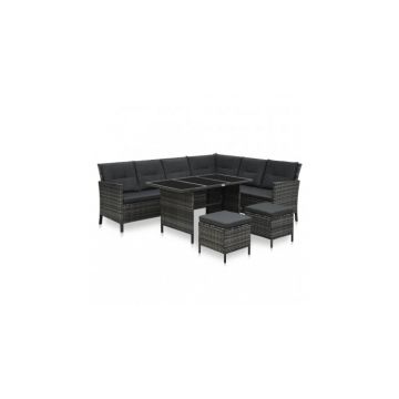 Set mobilier de gradina sau exterior cu 8 locuri, canapea masa si tabureti, Poliratan