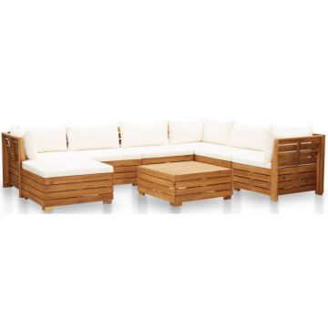Set mobilier gradina din lemn de acacia, 8 piese, alb crem, pernele incluse