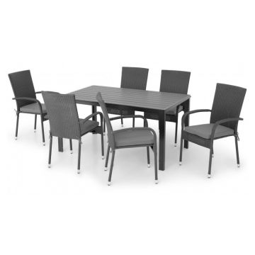 Set mobilier poliratan exterior cu 6 scaune si masa dreptunghiulara PRESLEY ENCORE negru