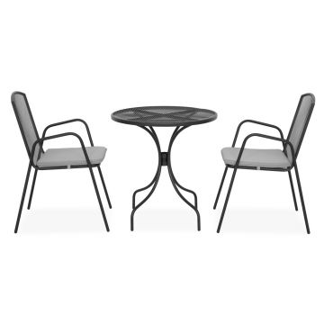 Set 2 scaune cu spatar mediu si masa rotunda, Berlin, H.72 D.70 cm, otel, negru/gri