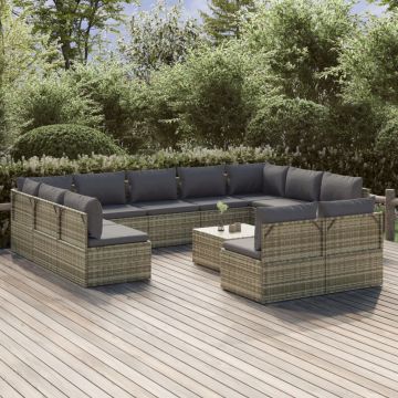 vidaXL Set mobilier de grădină cu perne, 12 piese, gri, poliratan