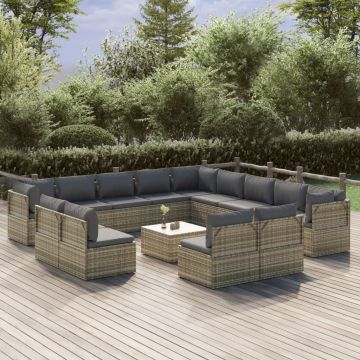 vidaXL Set mobilier de grădină cu perne, 14 piese, gri, poliratan