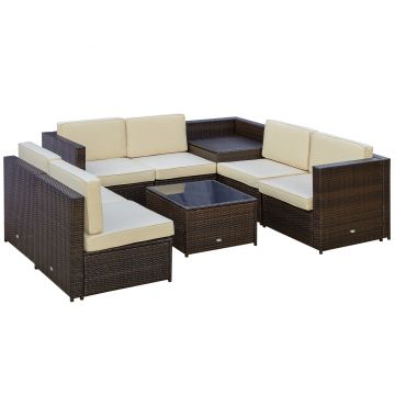 Outsunny Set Complet Mobilier de Grădină din Ratan 8 Piese, 4 Fotolii, 2 Fotolii de Colț, 2 Măsuțe, Design Confortabil, Maro | Aosom Romania