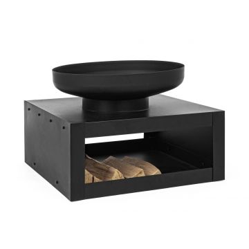Semineu aer liber cu suport pentru lemne Efesto, Bizzotto, 70 x 70 x 38 cm, otel, negru