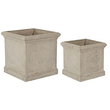 Set ghivece pentru exterior 2 piese Sand Square, Bizzotto, 45.5 x 45.5 x 45.5 cm, fibra de sticla si argila, gri nisip