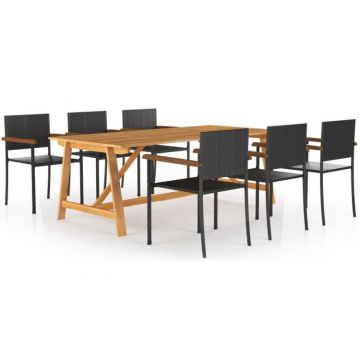 Set mobilier de gradina, dining, 6 locuri si masa, poliratan si lemn, negru