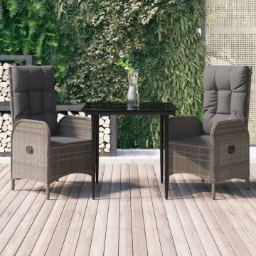 vidaXL Set mobilier de grădină cu perne, 3 piese, negru/gri, poliratan