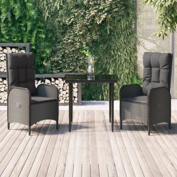 vidaXL Set mobilier de grădină cu perne, 3 piese, negru, poliratan