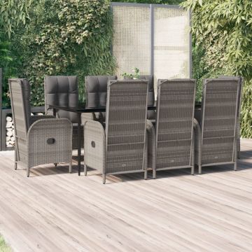 vidaXL Set mobilier de grădină cu perne, 9 piese, negru/gri, poliratan