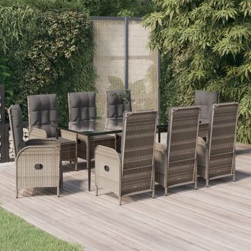 vidaXL Set mobilier de grădină cu perne, 9 piese, negru/gri, poliratan