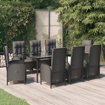 vidaXL Set mobilier de grădină cu perne, 9 piese, negru, poliratan