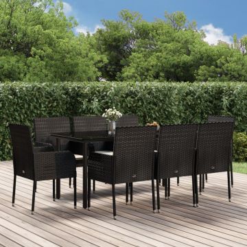 vidaXL Set mobilier de grădină cu perne, 9 piese, negru, poliratan