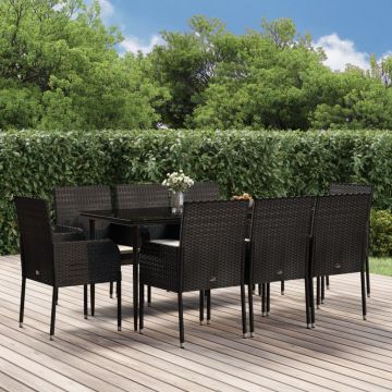 vidaXL Set mobilier de grădină cu perne, 9 piese, negru, poliratan